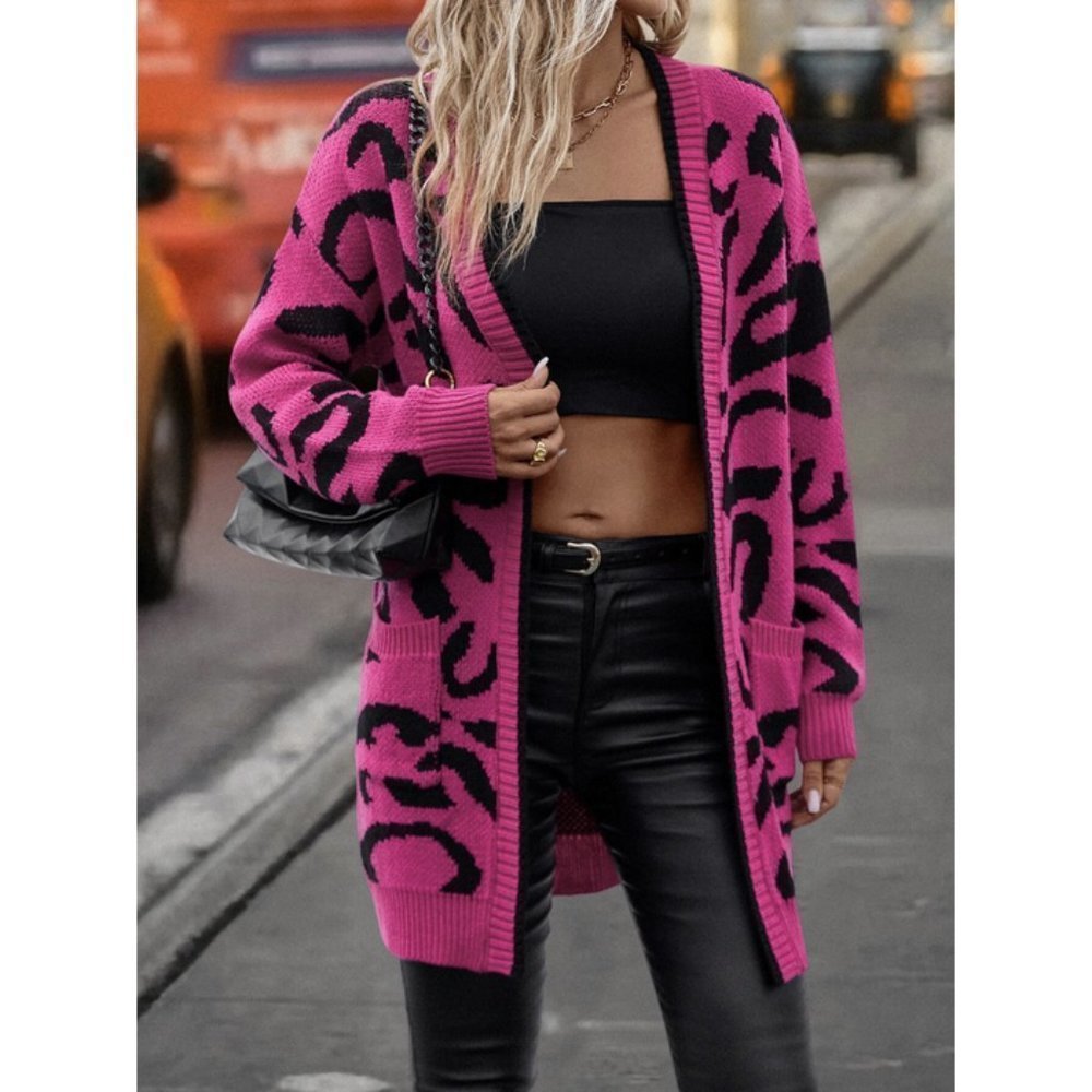 Leopard Print Open Front Knit Cardigan Pink - Picture 6 of 6